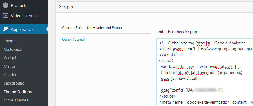 In WordPress paste Google Analytics tracking code into header.php scripts