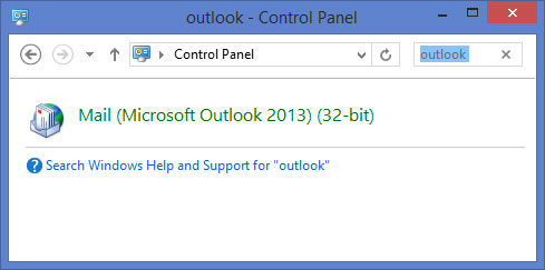 Control Panel, search Outlook