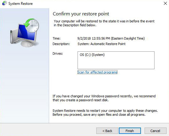 Confirm System Restore point