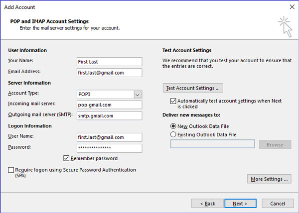 Enter POP or IMAP settings in MS Outlook