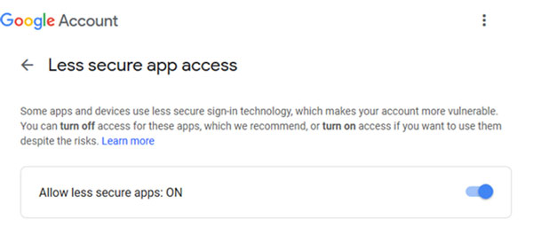 Allow less secure app access in Gmail account