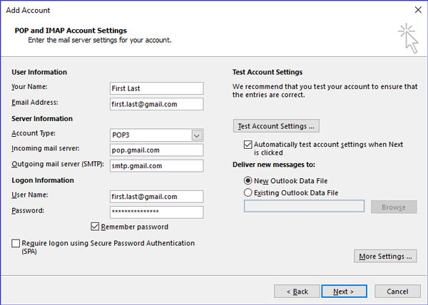 microsoft outlook settings for gmail account